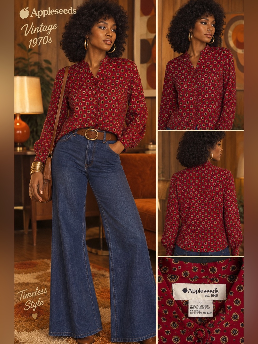 Vintage Appleseed's Burgundy Printed Button-Front Blouse Ptp 20”
